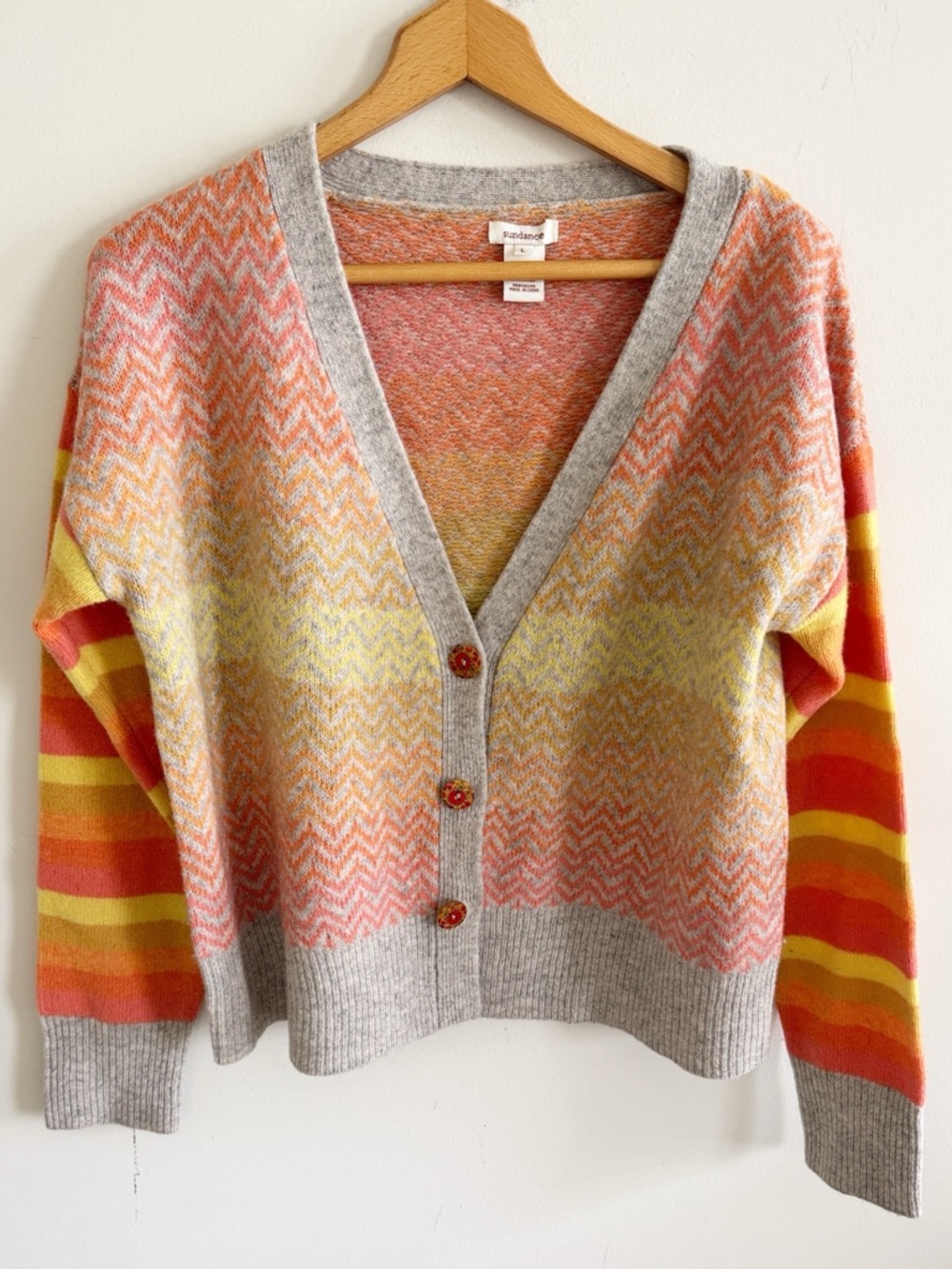 Sundance Boho stripe yellow orange floral button lambswool cardigan size L